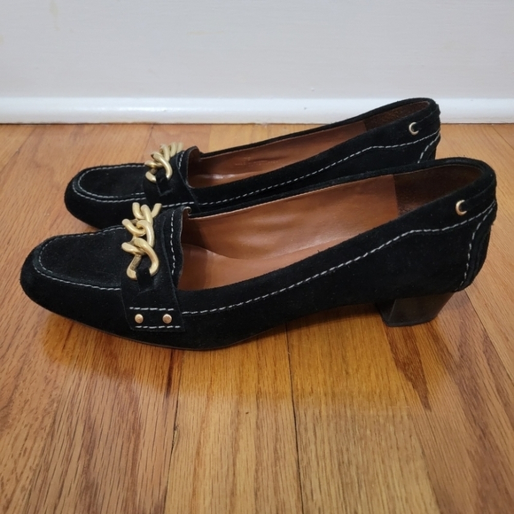 Talbots Piper 2 Women's Suede Heeled Loafers Black Size 7B Gold Chain Stitching‎ - Picture 2 of 11